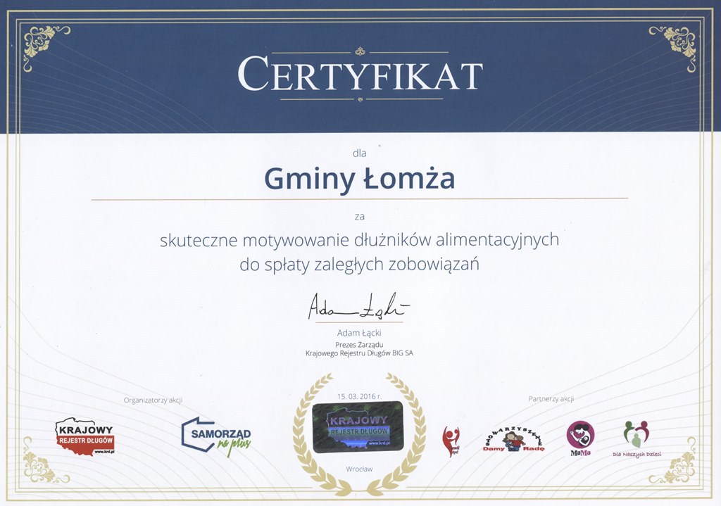Zdjęcie do wiadomości Gmina Łomża z certyfikatem