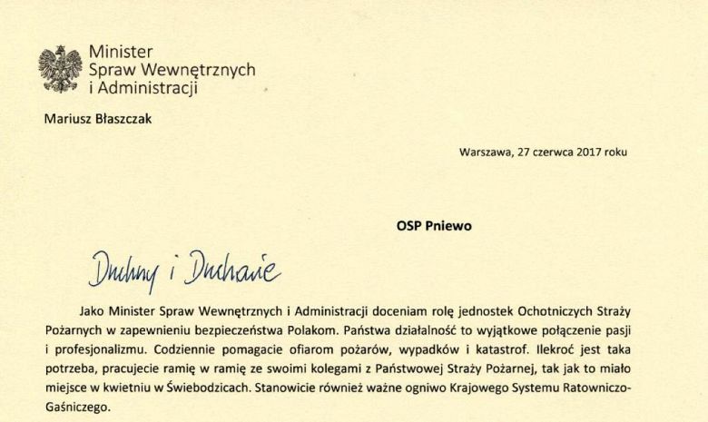 Minister Mariusz Błaszczak pisze do jednostek OSP